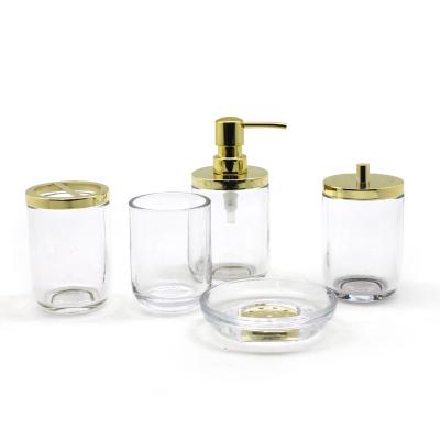 China Sustainable modern clear glass with metal gold bathroom accessories set for sale