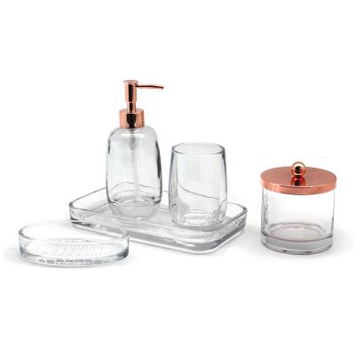 China Sustainable Oval Clear Glass Bathroom Accessories Set With Rose Gold Acc for sale