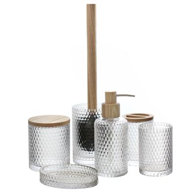 China Viable Natural Wooden Parts and Crystal Glass Bathroom Accessories Set for sale