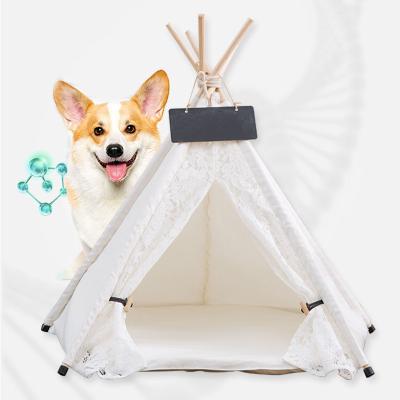 China Amazon Hot Sale Lace Canvas Wooden Portable Cooling Cage For Cats Dogs Cute Cat Dog Beds Washable Pet Accessories With Mat for sale