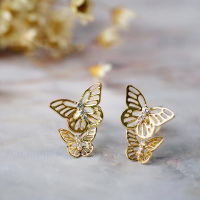 China Vintage 18k Gold Butterfly Earring Personalized Bling With Diamond Butterfly Stud Earrings for sale