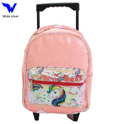 China Cheap manufacture price fashion kids children cartoon school bag sequin school bags waterproof with wheel trolley for sale