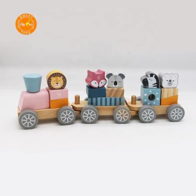 China Children's Toys Wooden Block Set Train Animal Toys For Preschool Kids Wooden Push&Pull Stacking Train Toy For Funny for sale