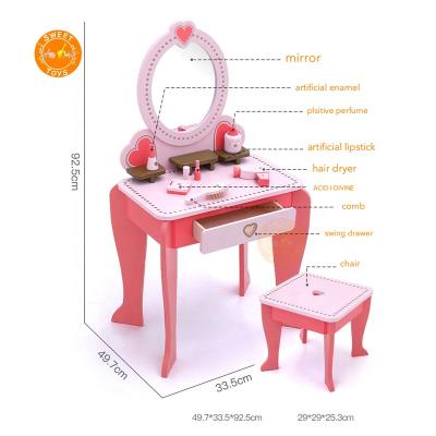 China Wooden Game Toy Wood Makeup Dressing Table Kids Dresser Role Play with Mirror Princess Cosmetics Gift Set for Girls for sale