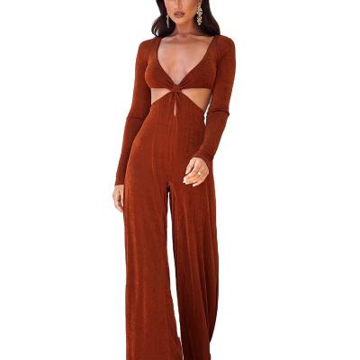 China Winter QUICK DRY Highly Custom Made Ladies Long Sleeve V Neck Waist Cut Out Hollow Out One Piece Women Overalls for sale