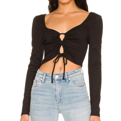 China Anti-wrinkle OEM Tight Customize Black Women Sexy Long Sleeve V Neck Hollow Ribbed Tops Womens Blouses for sale