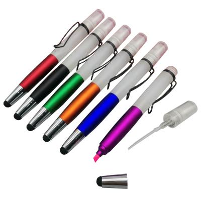 China Promotional Pen Personalized 3 in 1 Sanitizer Bottle Spray Pen with Stylus and Highlighter Ball Pen for sale