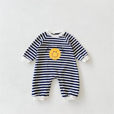 China Comfotable Baby Clothes Striped Smiling Face Print Newborn Baby Clothes Baby Clothes Long Sleeve Rompers One Piece Jumpsuit for sale