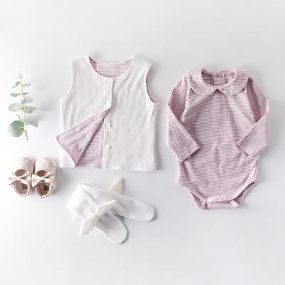 China Ins2019 Europe and America organic cotton baby clothes ages one rib double yards season infants baby suit + stripe dress suit for sale