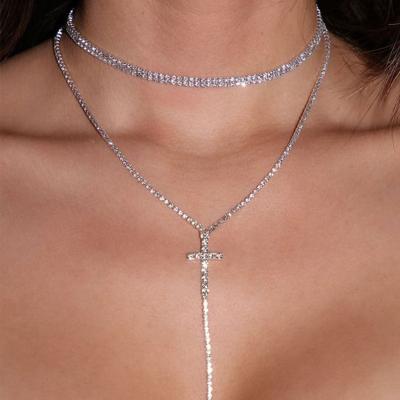 China New Europe and America long cross necklace jewelry fashion all with drill choker multilayer Diamond Cross Pendant Necklace for sale