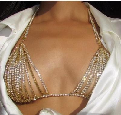 China Vintage Summer Crystal Rhinestone Bra Bikini Chest Body Chain Jewelry Shiny Sexy Shiny Chain Harness For Women Charm Beach Dress Collar for sale