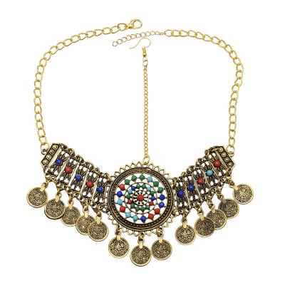 China CLASSIC Wholesale Ethnic Bohemian Antique Gold Plated Color Coin Tassel Heart Layered Jewelry Head Chain Hair Accessories For Women for sale