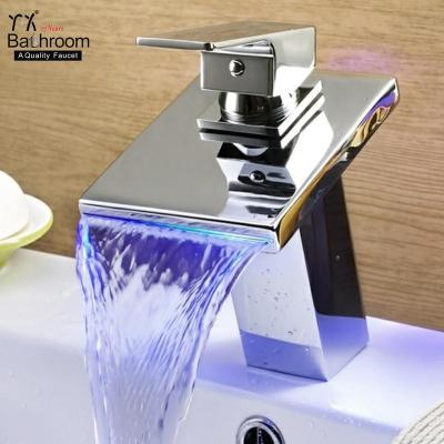 China Metered Faucets Bathroom Spout Waterfall Taps Colorful LED Basin Deck Mounted Brass Faucet Square Column Chrome Plated Brass Faucet for sale