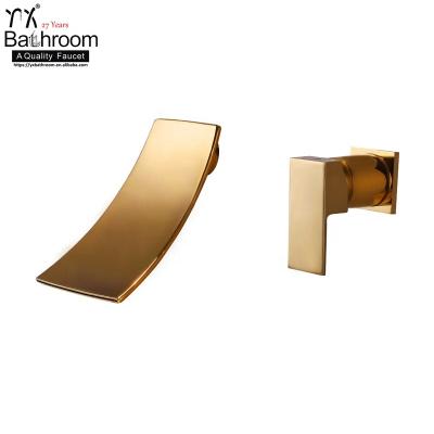 China Kaiping Gold Color 100% Gold Color Bathroom Basin Faucet Sink Mixer Tap Titanium Brass Metered Wall Mounted Faucet for sale