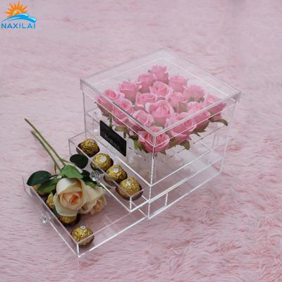 China Durable Acrylic Square Rose Clear Acrylic Flower Box Fresh Preserved Luxury Rose Box With Drawer NAXILAI Acrylic Flower Box for sale