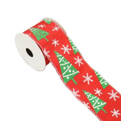 China Christmas 2.5inch Elegant Eco Friendly Wired Edge Christmas Tree Ribbon Custom Print Logo Christmas Ribbons for sale