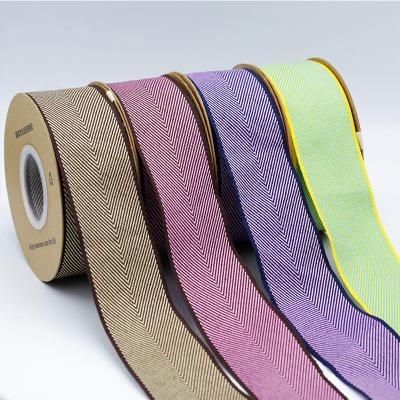 China 40mm Polycotton Woven Edge Ribbon Customized Viable Bow Logo Purple Green Brown 20yards For Gift Wrapping Ribbon Herringbone Roll for sale