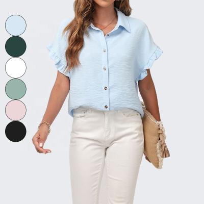 China New 2022 Amazon T3038 Chiffon Chiffon Solid Color Lapel Shirt QUICK DRY Main Women Short Loosen QUICK DRY for sale