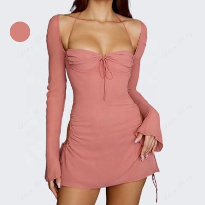 China 2022 Autumn AS431 Breathable Place-neck High-waisted Short Skirt Breathable Solid Color Chest Waist Temperament Rose Long-sleeved Wrapped Dress for sale