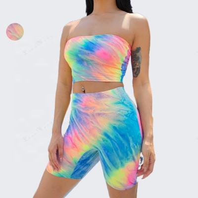 China AS996 QUICK DRY Europe and America QUICK DRY hot sale tie-dye suit summer sexy tube tops new shorts women 2022 two-piece suit sweatsuit sets for sale