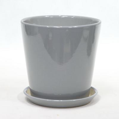 China Indoor Round Glossy Grey Ceramic Planter With Drainage for sale