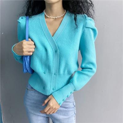 China Anti-pilling 100%Cashmere Ruffle Shoulder Women's Cardigan Sweater for sale