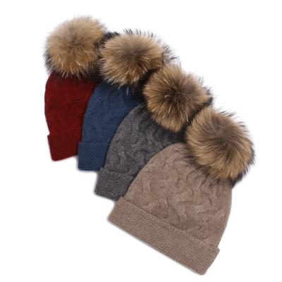 China COMMON Women Warm Knit Beanie Hat With Real Fur Pom Pom Ski Caps Soft Beanie for sale