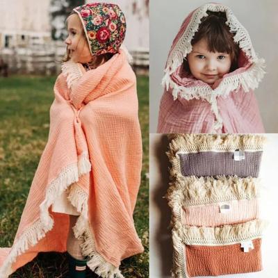 China European and American Style Super Soft Breathable Crepe Blanket Cotton Baby Blanket Wrap With Tassels For Newborn for sale