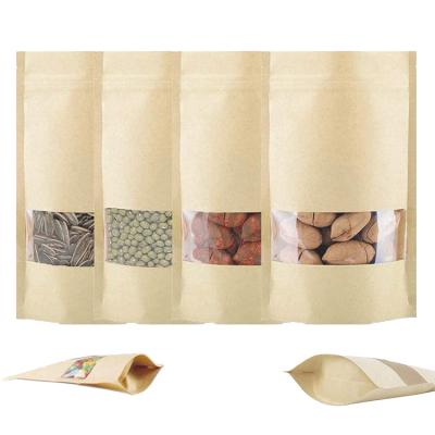 China Custom Wholesale Recyclable Cheap Recycled Nuts Packaging Pouch Brown Kraft Paper Zipper Bag With Window for sale