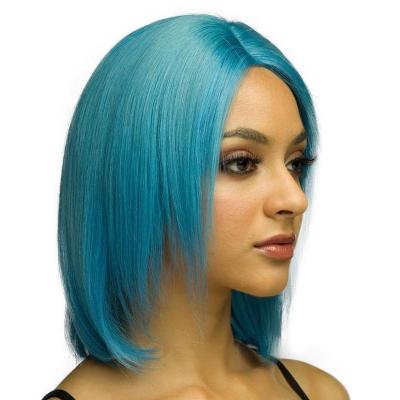 China Silky Straight Wave Front Bob Cut Wig Lace Front Wig , Middle Part 10 12 Inch Hair 100% Pre Colored Platinum Brazilian Hair France Blue Lace for sale