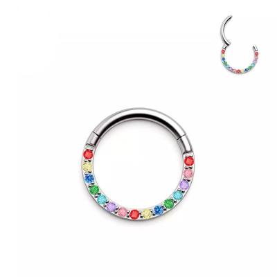 China Wholesale CLASSIC 18G Nose Ring Lip Earring Rainbow Zircon ASTM F136 Titanium Hinged Circular Fashion Jewelry Earring Piercing Jewelry for sale