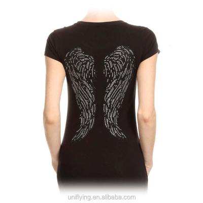 China Anti-pilling Rhinestone Customized Tee Angel Wings Silver And Ladies Black Fitted T-Shirt for sale