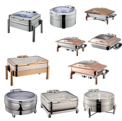 China Hotel / Restaurant Buffet Banquets Natural Rose Gold Rectangular Chafing Dish Scarab Dish Set Stainless Steel Frame Scarabs Food Warmer Storage For Buffet for sale