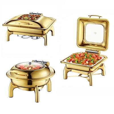 China Hotel/Restaurant Buffet Banquets Gold Chafing Dish Stainless Steel Pastries Shake Server Food Heater Silver And Gold Food Shafing Dish Food Warmer Set for sale