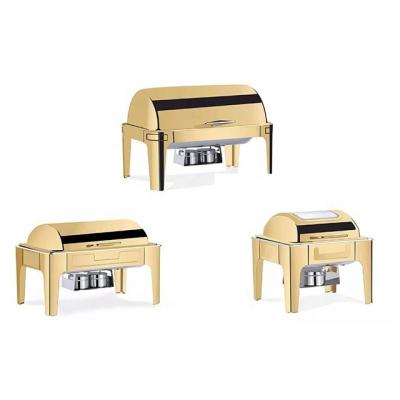 China Hotel / Restaurant Buffet Banquets New Design Roll Top Chafing Dish Food Warmer Dish Gold Plated Gold for sale