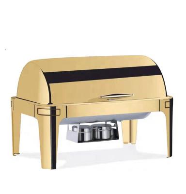 China Hotel/Restaurant Buffet Banquets Commercial Hotel Stainless Steel Roll Top Chafing Dish Cheap Buffet Gold Plated Dishes Food Warmer Luxury Sale With Glass Lid for sale