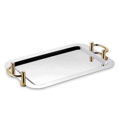 China Luxury Hotel Sustainable Food Trays Tray Mirror Plate Stainless Steel Gold Metal Serving Trays Rectangle Handles Silver Decoration for sale