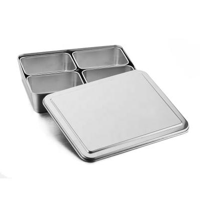 China Sustainable Stainless Steel Square Shape Seasoning Storage Box Spice Jar Set Condiment Food Display Combination 4 Grid Food Ingredient Box for sale