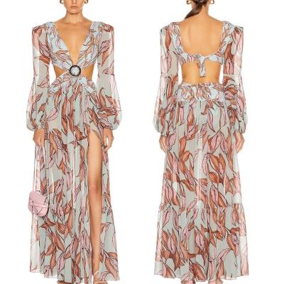 China Wholesale Manufacture High Quality Anti-Static Customized Women Printed Long Dress Fashion Clothes Sheath Long Hollow Floral Long Dress for sale