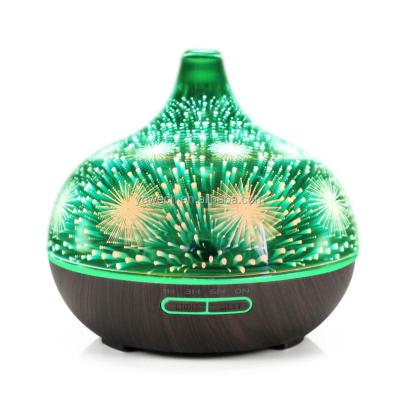 China Home Office Bedroom Lobby Hotel Wooden Base 3D Colorful Flashing Lighting Ultrasonic Mist Glass Maker Diffuser Aromatherapy Humidifier for sale