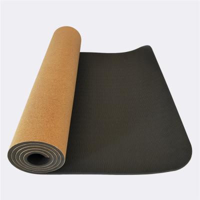 China TPE+cork 183x61cm 2-Sided Custom Printing High Quality 8mm Luxury Cork Pilates Mattress Premium Cork Black Non-Slip Mat Yoga for sale