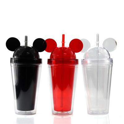 China Sustainable Promotion Cups Minnie Tumbler Plastic Double Wall Insulation Mickey Mouse Minnie Water Cups Mug With Straw for sale