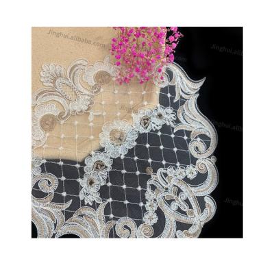 China Viable Wholesale New Design Customized Heavy Order Net Tulle Fabric Bead Embroidery Lace Fabric Applique for sale