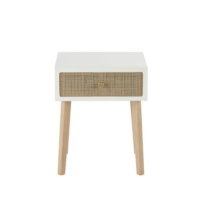 China (Others) OEM ODM 1 Drawer End Table Pine Rattan Bedside Table Adjustable White Wooden Night Stands for sale