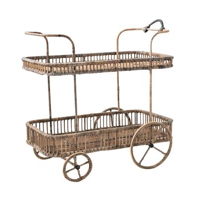 China Bohemian Handmade Rattan Woven Cart Storage Cart Flower Baskets Rack Shelf Handwork Home Decor for sale