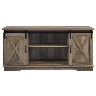 China (Height) Adjustable Farmhouse Storage Furniture 2-Tier Large Wood TV Stand Console With Sliding Barn Doors for sale