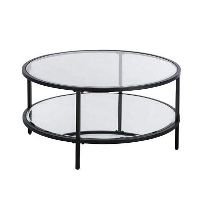 China (Other) Modern Adjustable 2 Shelf End Table Around Tempered Glass Black Top Luxury Coffee Table for sale