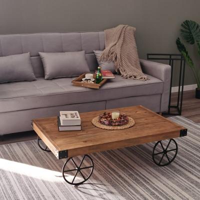 China Convertible Modern Industrial Antique Iron Wheel Chinese Wooden MDF Tea Coffee Table Decor for sale