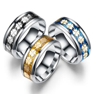 China High End Jewelry Lead Free Nickel Free The New Titanium Steel Blue Gold Blue Gold Luster Four Leaf Clover Ring Micro Inlaid Black Ring for sale