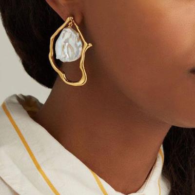 China Instagram Hot Stocked Simple Baroque Irregular Real Eardrop Gold Plated Freshwater Pearl Dangler Earrings for sale